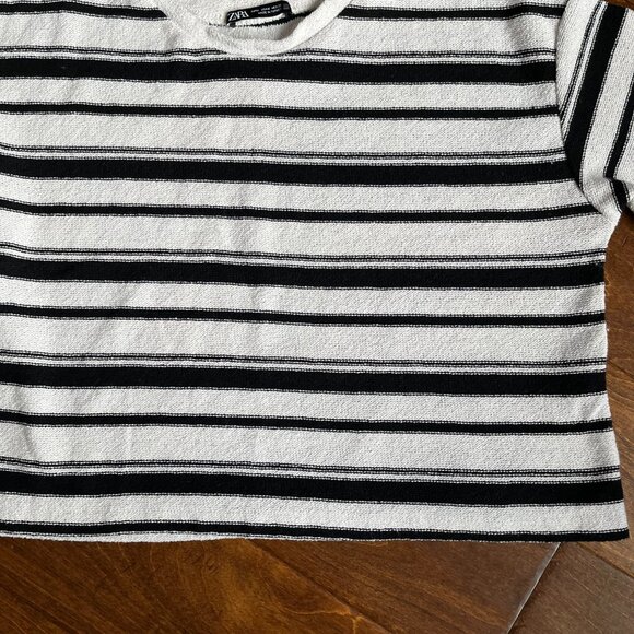 **ZARA Crop Rustic Sweater Striped Long Sleeve Cotton White Black Crew Neck Med - Picture 5 of 5